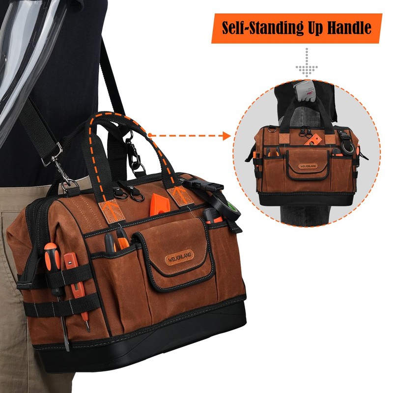 WELKINLAND 22-Pockets Hard Bottom Tool Bag, 14-Inch Waxed Canvas Tools