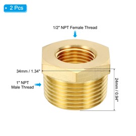 PATIKIL Brass Hex Bushing, 2Pcs 1/2" NPT Female x 1" NPT Male Thread Brass Pipe Fittings Reducer Tubing Adapter Connector Hose Reducing for Water, Air, Oil, Gas Line