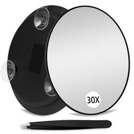 Suupvaor 30X Magnifying Mirror with 3 Suction Cups, Large 6inch Magnified 30X Travel Round Makeup Mirror with High Magnification, Make up Accessories with Tweezers Sets