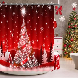Hewego Shining Christmas Tree Bathroom Sets with Waterproof Shower Curtain Non-Slip Rugs Toilet Lid Cover and Bath Mats,Xmas Shower Curtain Rug Set with 12 Hooks,Christmas Tree Shower Curtain Sets