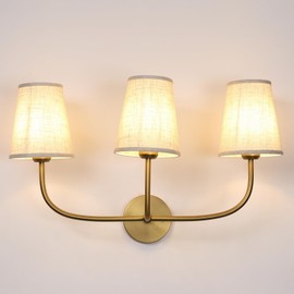 Pathson 3 Lights Brass Wall Sconce Lamps with Linen Fabric Lampshade, Vintage Fabric Bathroom Wall Light Fixtures, E26 Bulb Base Wall Vanity Lighting Decor for Bedroom Living Room