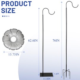 Liitrton 62.6 Inch Shepherds Hooks for Outdoor, Adjustbale Hummingbird Feeder Stand Bird Feeder Pole Wind Chime Stand with Flat Base, 4 Prongs Base and Water Weight Bag (Wind Chime Not Include)