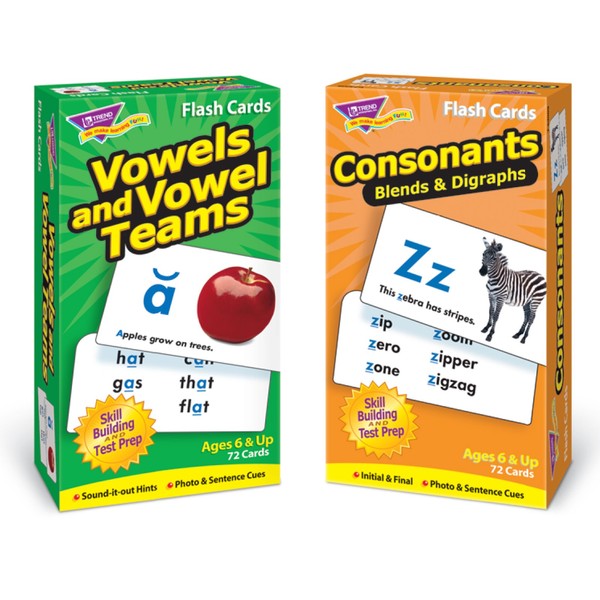 TREND ENTERPRISES: Vowels and Vowel Teams plus Consonants Blends & Digraphs Skill Drill Flash Cards Combo Pack, Sound-It-Out Hints Photo & Sentence Cues, Great for Skill Building and Test Prep Ages 6+