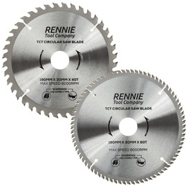 2 Pack - 190mm x 40T & 80T TCT Saw Blade. 190mm Circular Saw Blade For Fine Cuts x 30mm Bore + 25mm/20mm/16mm Bore Reduction Rings Compatible With Bosch Makita Milwaukee Ryobi Dewalt Circular Saws etc