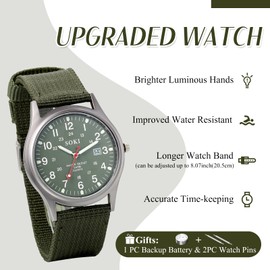 JewelryWe Men's Military Green Dial Nylon Strap Quartz Calendar Wrist Watch Night Vision Luminous Wristwatch for Father's Day