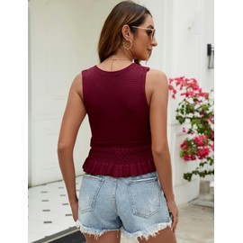 VIMPUNEC Womens Summer Crop Tank Tops Cute Knit Sweater Vest Crochet Sleeveless Pullover Top Burgundy S