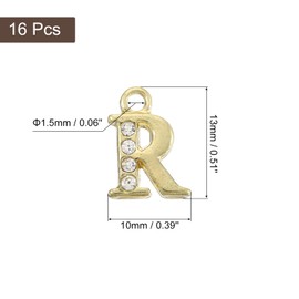 sourcing map Rhinestone Letter Charm, 16pcs 1.5mm Metal R Letter Alphabet Dangle Charm Pendants for DIY Bracelets Necklace Jewelry Making, Gold