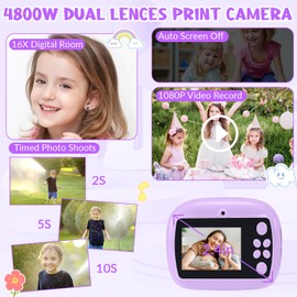 SlowTon Instant Print Camera for Kids, 1080P 2.4 Inch Screen Kids Instant Cameras with 64GB TF Card, Portable HD Kids Digital Video Cameras Toddler Camera Toys for Girls Boys Age 3-12
