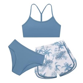 Weixinbuy Girls Bathing Suits Size 10-12 Girls' 3 Piece Swimsuit Tropical Print Bikini Set with Shorts Summer Beach Swimwear Dusty Blue