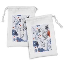 Lunarable Nautical Fabric Pouch Set of 2, Marine Life Yacht Sail Boat Starfish Shell Fish Aquatic Graphic Design, Small Drawstring Bag for Toiletries Masks and Favors, 9" x 6", Pale Blue Red