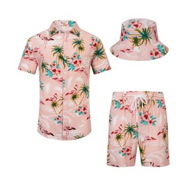EISHOPEER Men's Hawaiian Shirt and Short 2 Piece Palm Tree Outfits Sets with Bucket Hats Pink Flamingo 3X-Large