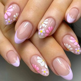 Summer Press on Nails Short Oval Fake Nails with Flower Designs Purple French Tip Nails Press ons Glossy Glue on Nails Nude Acrylic Nails Transparent False Nails Cute Stick on Nails for Women 24Pcs