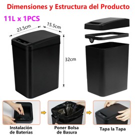 1pcs 11L Negro Cubo De Basura Automático - Botes de Basura Baño Sin Contacto con Tapa, Smart Trash Can con Sensor, Eléctrico, Impermeable, Estrecho, para Recámara, Cocina, Oficina, Sala