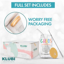 KLUBI Chaos Coordinator Glass Cup With Straw 16oz Chaos Coordinator Gifts for Women Boss Day Gifts Officiant Gifts for Wedding Day Promotion Gifts for Women Nurse Gifts Bosses Day Gifts for Her