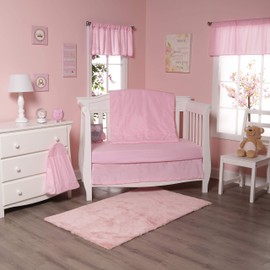 EVERYDAY KIDS 4 Pc Crib Bedding for Girls Nursery Set Includes Baby Bed Quilt, Fitted Sheet, Dust Ruffle and Diaper Stacker- Nursery Bedding Set - Baby Crib Bedding Set in Pink