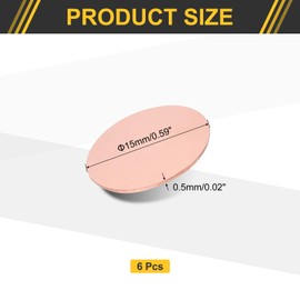 sourcing map 6Pcs Copper Round Plate, 0.02"(0.5mm) Thick 0.6"(15mm) Dia Pure Copper Metal Sheet T2 Copper Round Disc Brass Circle Gaskets for Metal Stamping DIY Crafts