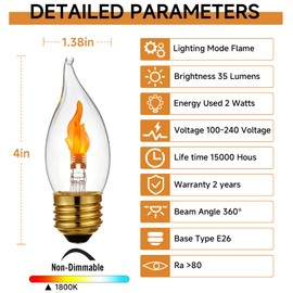 XIAOKALAMI C11/C35 LED Flame Effect Bulb, E26 Base, Flickering Candle with Crystal Clear Glass – Non-Dimmable, 2-Pack