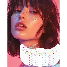 Wugbc 6 Pcs Rainbow Freckles Face Tattoo, Rainbow Heart Glitter Freckle Face Temporary Tattoos Long Lasting, Multichrome Iridescent Sparkle Freckles Colorful Rave Festival Accessories for Women, Set C