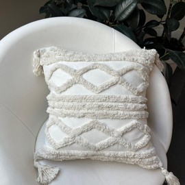 Decorative Pillow Covers Pack of 2-18x18 Inch White Boucle, Boho Accent Throw Pillows with Tassels for Couch, Bed, Living Room Textured Home Decor