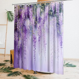 Purple Floral Lavender Flower Shower Curtain for Bathroom Spring Watercolor Weeping Wisteria Blossom Vine Leaves on Blurred Background 70x70 inches Polyester Fabric Bath Decorative Curtain