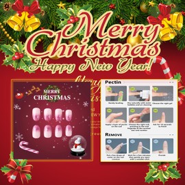 Rchovsam Christmas Short Press on Nails Oval Pink Glitter Nails Press Ons Xmas Snownflake Designs False Nails Full Cover Artificial Acrylic Nails 24pcs - Blush Gradient