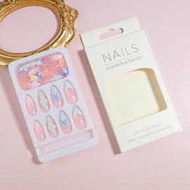 Almond Press on Nails Medium 3D Flower Fake Nails Blue White French Tip False Nails with 3D Flower Gradient Designs Nude Nail Press ons Glossy Glue on Nails Cute Stick on Nails for Women 24Pcs