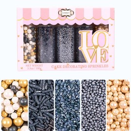 Sprinkles - Confect Sprinkles for Cakes & Cupcakes Decoration Assorted pack of 5 Masquerade Theme Mix Champagne Gold & Black Pearl Dragees Black Jimmies Sparkling Black Sugar - 3.5 Oz