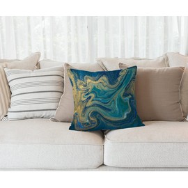 Paint Blue Green and Gold Liquid Marbling Ink Marble Abstract Pattern Aqua Nature Stone Turquoise Water Throw Pillow Case 18 x 18 Inch Decorative Cotton Linen Cushion Cover for Sofa Couch Bed