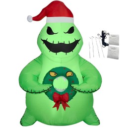Christmas Inflatable Green Oogie Boogie Holding Monster Wreath 5 Foot Air-Blown Inflatable Blow Up - Comes with Tether Stakes, Rope, Power Supply and a Bonus Repair Patch