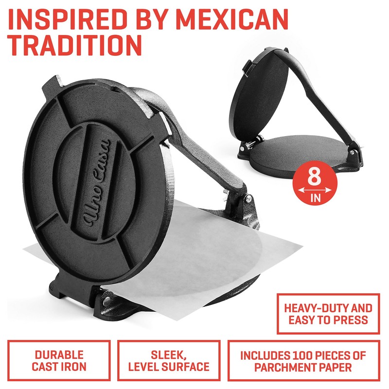 Uno Casa Cast Iron Tortilla Press 8 Inch with Tortilla