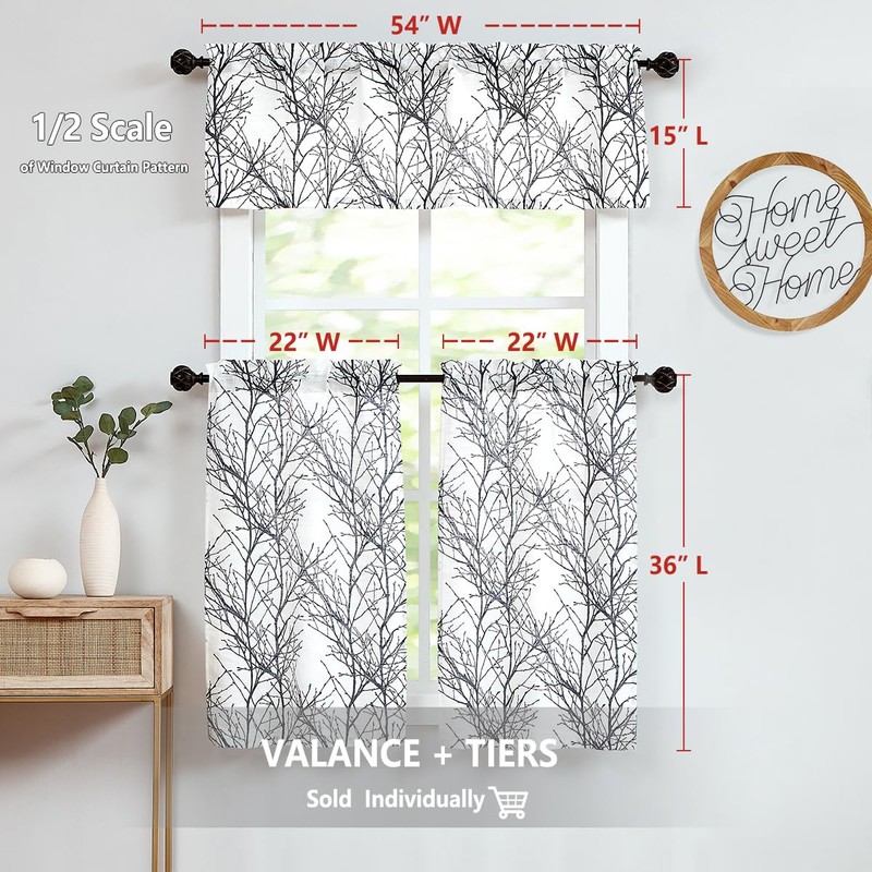 FMFUNCTEX Black Linen Kitchen Curtains, Branch Pattern Tier Window Curtains