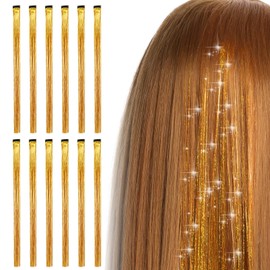 Bighan Pack of 12 Glitter Hair Strands, Tinsel Hair Clip-in Extension for Braiding Hair Weave, Heat Resistant Hair Lammetta Colourful Tinsel Hair Extension 19.69 Inch Hair Strands - Gold