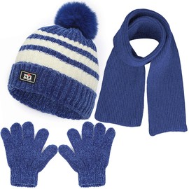 NLAND Kids Winter Warm Beanie Hat Scarf Gloves Set Children Knit Striped Pom Pom Beanie Hat 3Pcs Kids Hat Scarf and Snow Gloves Set for Boys Girls and Toddlers Aged 1-5(Blue,One Size)