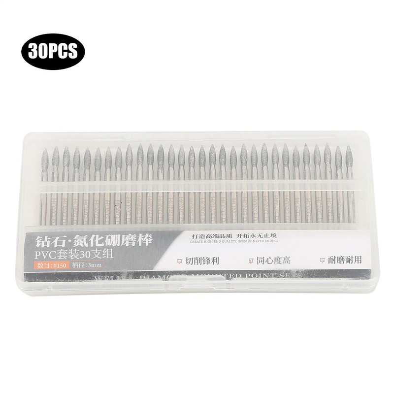 30pcs 150Grit Tip Diamond Grinding Bits 3mm Electric Grinder Carving