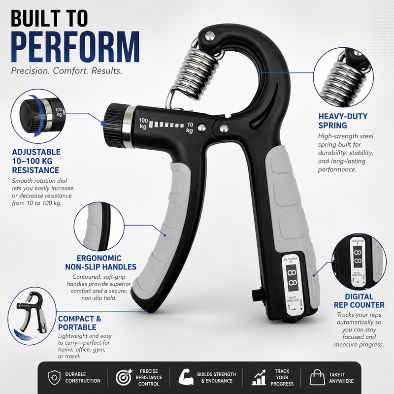 Adjustable Hand Grip Strengthener for Fitness Training – 10–100kg Spring