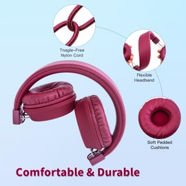Olyre Kids Headphones, Foldable Headphones for kids,Boys,Girls Adjustable Headband, Wired Children Headphone with mic for School/Tablet/PC/Travel/Phone (Dark Red)