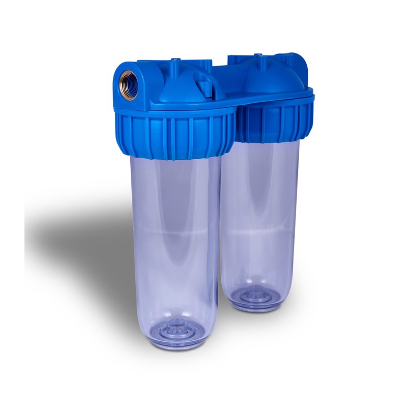 Dual Whole House Water Filter System, Transparent Standard Housings, Presser
