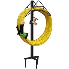 Artigarden Outdoor Hose Holder Stand with Brass Spigot Faucet - Freestanding Metal Water Pipe Extension Hanger Stake Heavy Duty Storage Organizer for Garden Lawn, Backyard