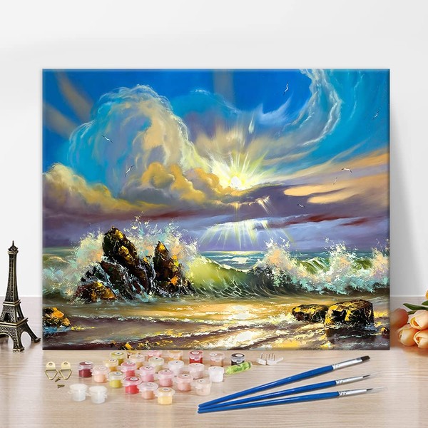 Sunset on Seacoast Paint by Numbers, DIY Oil Painting Ocean Wave Watercolor Painting Art Paint by Numbers for Adults Beginner, 16x20inch Scenery Oil Painting Kits Gift for Kids and Adults Frameless