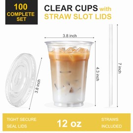 VITEVER VITEVER 100 Sets - 12oz Clear Plastic Cups with Lids and Straws, Disposable Cups for Iced Coffee, Smoothie, Milkshake, Cold Drinks