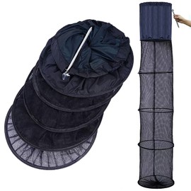 WEISGJA Cesta de jaula de pesca, cestas plegables de nailon, red de pesca con tornillo de anclaje, para pececillos, cangrejo, camarones, cangrejo, cangrejo, cangrejo, negro (60 x 13 pulgadas)