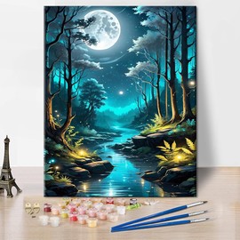 TISHIRON Paint by Numbers Adults Forest Landscape Adult Paint by Numbers Moonlight Painting by Numbers Kits Night Landscape DIY Oil Hand Painting Crafts 40 x 50 cm (Frameless)