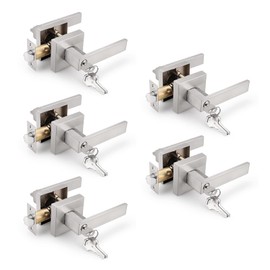 Gobrico 5 Pack Exterior Door Levers Satin Nickel Door Handles with Lock and Keys Square Rosette,Thumb-Turn Button Inside