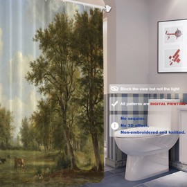 Batmerry Blue Sky Decor Shower Curtain,White Clouds Oil Painting Landscape Tree Lined Bathroom Decor Polyester Fiber Plastic Rings Quick-Drying Waterproof for Bathtubs/Bathroom, 72x72 inches