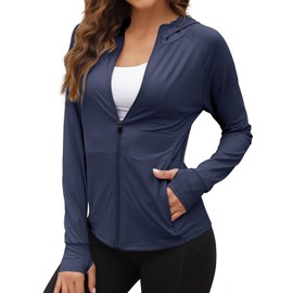 We1Fit Women's UPF 50+ Sun Protection Jacket Hooded Zip Up SPF Shirts Long Sleeves Navy Blue