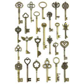 YETOOME Juego de 24 llaves clásico de esqueleto grandes, llaves de bronce de estilo antiguo mixto para manualidades, joyería, collares, decoración de fiesta, Acero aleado, No es una piedra preciosa