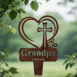 Grandpa Memorial Grave Stake, Cemetery Decorations for Grave Markers 12.5 x 7.2 inch Heart Metal Sympathy Stakes Graveside Plaque Decor Sign for Grandpa Graves, Yard, Garden - Rust-Grandpa