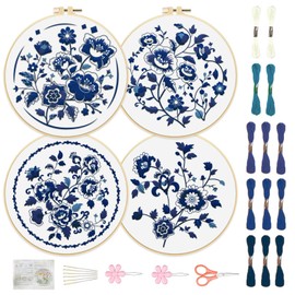 FREEBLOSS 4 Set 12'' Embroidery Kit for Beginners Indigo Flowers Pattern Embroidery Kit with Instructions Full Kit of Embroidery Cloth 2 Embroidery Hoops Indigo Blue Series Flosses