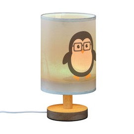 YYZZH Table Lamp Cute Geek Penguin Nightstand Lamp with Wood Base Fabric Lamp Shade Bedside Desk Lamp for Living Room Bedroom Kids Room Office