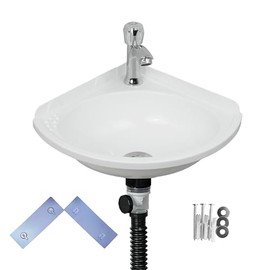 Small Bathroom Sink Wall Mount Bathroom Corner Sink, Triangular wash basin No-Drill Installation Self-Adhesive 12 x 12 Inch with 1.26 Inch Faucet Hole, Mini Plastic Sink for Home, Dorm, Garage